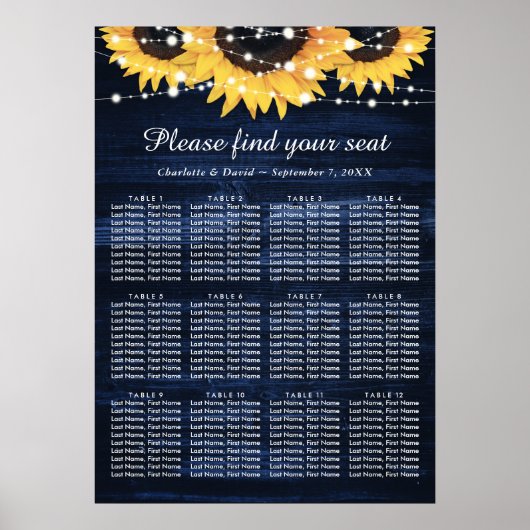 Navy Blue Sunflower Wedding Seating Chart 12 Poster (Voorkant)