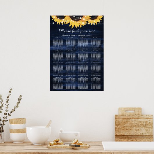 Navy Blue Sunflower Wedding Seating Chart 16 Poster (Keuken)