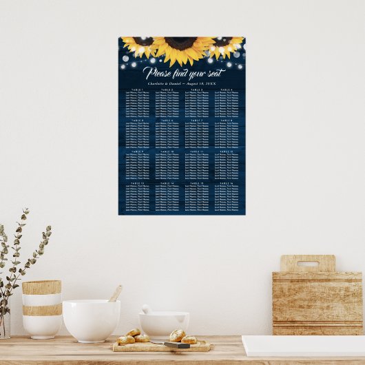 Navy Blue Sunflower Wedding Seating Chart 16 Poster (Keuken)