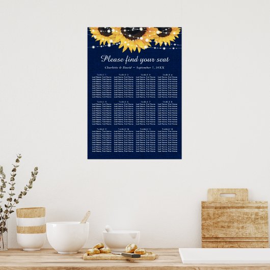 Navy Blue Sunflower Wedding Seating Plan 12 Poster (Keuken)