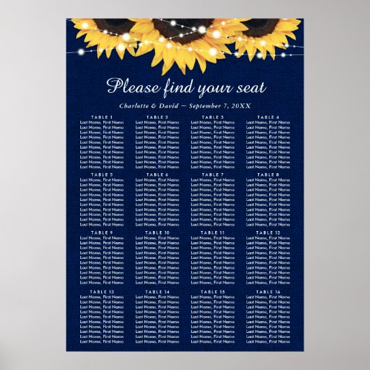 Navy Blue Sunflower Wedding Seating Plan 16 Poster (Voorkant)