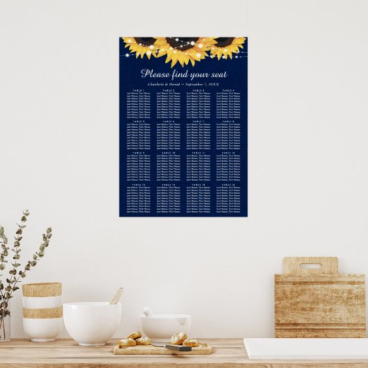 Navy Blue Sunflower Wedding Seating Plan 16 Poster (Keuken)
