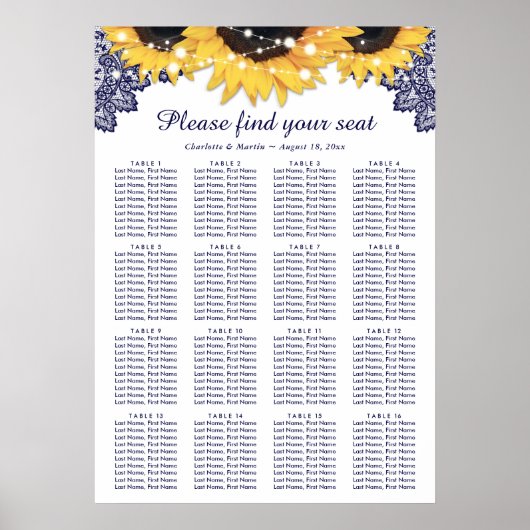 Navy Blue Sunflower Wedding Seating Plan 16 Poster (Voorkant)
