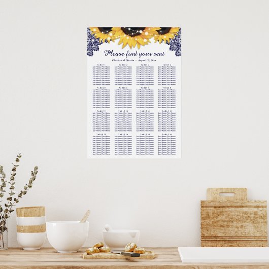 Navy Blue Sunflower Wedding Seating Plan 16 Poster (Keuken)