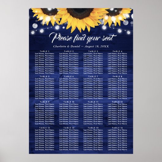 Navy Blue Sunflower Wedding Table Plan 16 Poster (Voorkant)