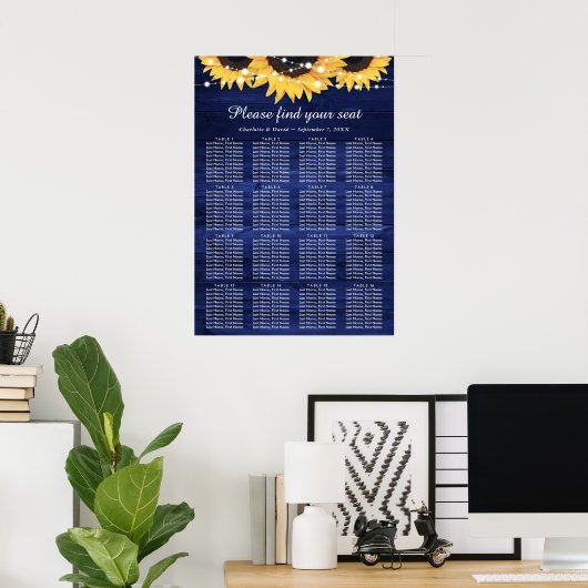 Navy Blue Sunflower Wedding Table Plan 16 Poster (Thuiskantoor)