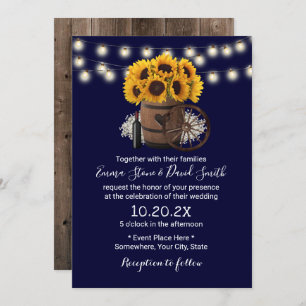 Navy Blue Sunflower Wood Barrel Rustic Wedding Kaart