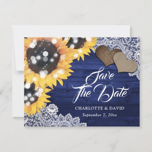 Navy Blue Sunflower Wood Burlap Hearts Wedding Aankondiging (Voorkant)