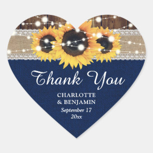 Navy Blue Sunflower Wood Burlap Lace Hart Sticker