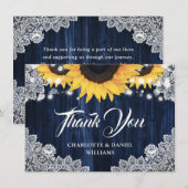 Navy Blue Sunflower Wood Elegant Script Wedding Bedankkaart (Voorkant / Achterkant)