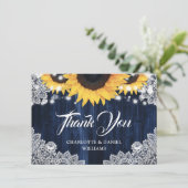 Navy Blue Sunflower Wood Elegant Script Wedding Bedankkaart (Staand voorkant)