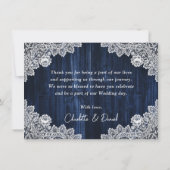 Navy Blue Sunflower Wood Elegant Script Wedding Bedankkaart (Achterkant)