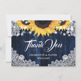 Navy Blue Sunflower Wood Elegant Script Wedding Bedankkaart