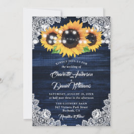 Navy Blue Sunflower Wood Floral Lace Wedding Kaart