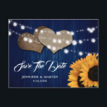 Navy Blue Sunflower Wood String Lights Wedding Briefkaart<br><div class="desc">Navy blue and sunflower wedding save the date postcard featuring sunflowers,  string lights and burlap hearts against a rustic wood background.</div>