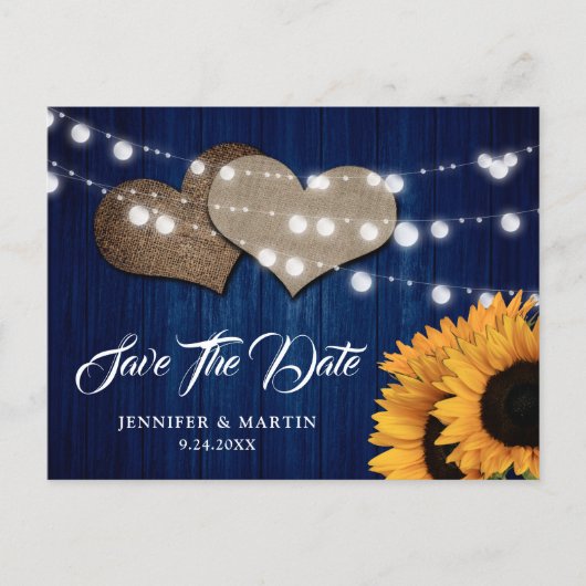 Navy Blue Sunflower Wood String Lights Wedding Briefkaart (Voorkant)