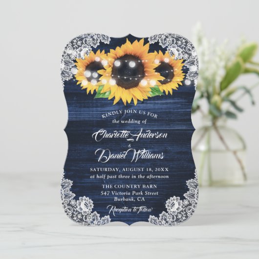 Navy Blue Sunflower Wood String Lights Wedding Kaart (Staand voorkant)