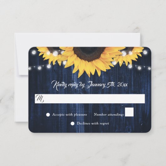 Navy Blue Sunflower Wood String Lights Wedding RSVP Kaartje (Voorkant)