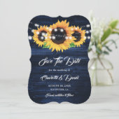 Navy Blue Sunflower Wood String Lights Wedding Save The Date (Staand voorkant)