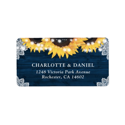 Navy Blue Sunflower Wood Wedding Address Labels (Voorkant)