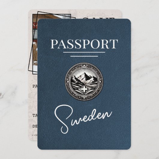 Navy Blue Sweden Passport Bewaar de datum Save The Date (Voorkant / Achterkant)