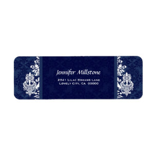NAVY BLUE Swirl Damask trouwadreslabel Etiket