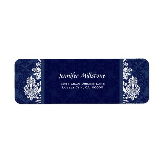 NAVY BLUE Swirl Damask trouwadreslabel Etiket (Voorkant)