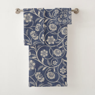 Navy Blue Swirl Flowers Bad Handdoek