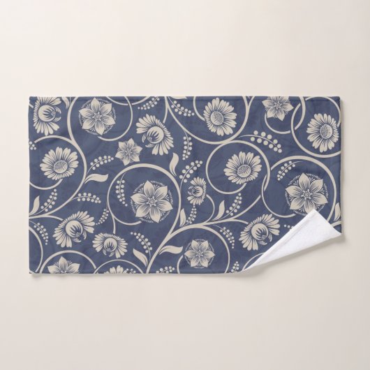 Navy Blue Swirl Flowers Bad Handdoek (Handdoek)