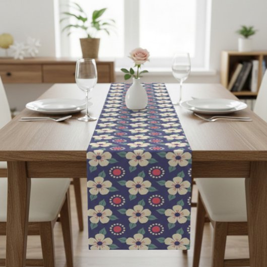 Navy Blue Table Runner met Cream Flowers Korte Tafelloper