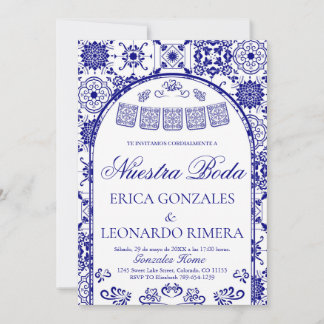 Navy Blue Talavera Papel Picado Spaanse Trouwdag Kaart