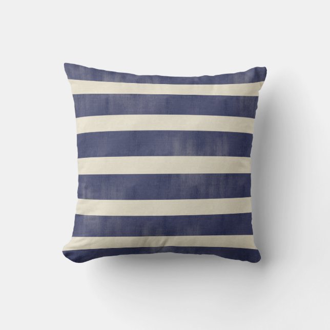 Navy Blue Tan Distress Wide Stripes Toss Pillow Kussen (Voorkant)