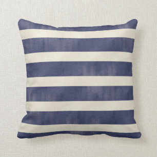 Navy Blue Tan Distress Wide Stripes Toss Pillow Kussen