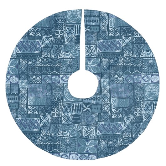 Navy Blue Tapa: Tribal Fabric Abstract Kerstboom Rok (Voorkant)