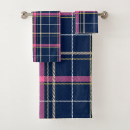 Navy Blue Tartan geplakt met roze witte beige Bad Handdoek