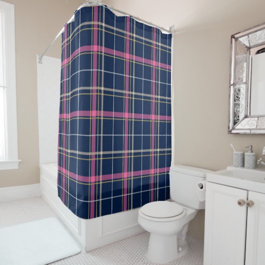 Navy Blue Tartan geplakt met roze witte beige Douchegordijn (In situ)