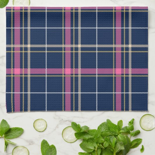 Navy Blue Tartan geplakt met roze witte beige Theedoek (Gevouwen)