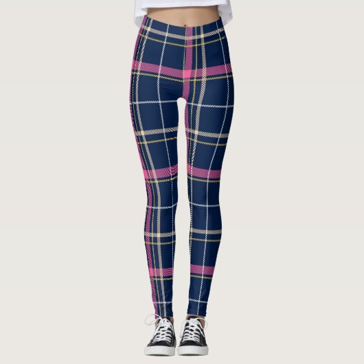Navy Blue Tartan met roze streep Leggings (Voorkant)