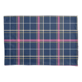 Navy Blue Tartan Plaid Roze Wit Gele Lijnen Kussensloop