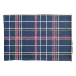 Navy Blue Tartan Plaid Roze Wit Gele Lijnen Kussensloop