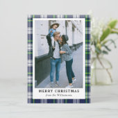 Navy Blue Tartan Pset Photo Merry-kerstkaart Feestdagenkaart (Staand voorkant)
