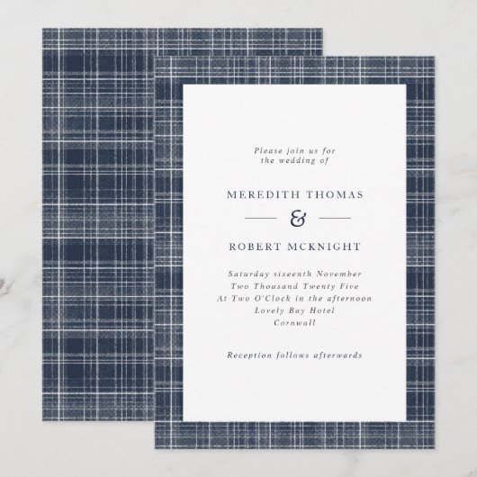 Navy Blue Tartan Schotse winterbruiloft Kaart (Voorkant / Achterkant)