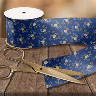 Navy Blue Taupe Floral Print  Elegant Floral Satijnen Lint
