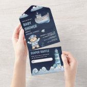 Navy Blue Teddy Bear Nautische Boot Baby shower All In One Uitnodiging (Afscheurbaar)