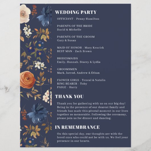 Navy Blue Terracotta Bohemian Wedding Programme (Achterkant)