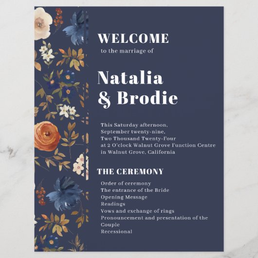Navy Blue Terracotta Bohemian Wedding Programme (Voorkant)
