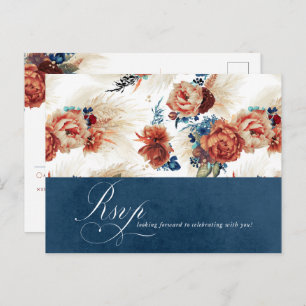 Navy Blue Terracotta Floral Boho Wedding RSVP Briefkaart