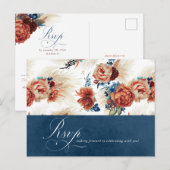 Navy Blue Terracotta Floral Boho Wedding RSVP Briefkaart (Voorkant / Achterkant)