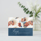 Navy Blue Terracotta Floral Boho Wedding RSVP Briefkaart (Staand voorkant)