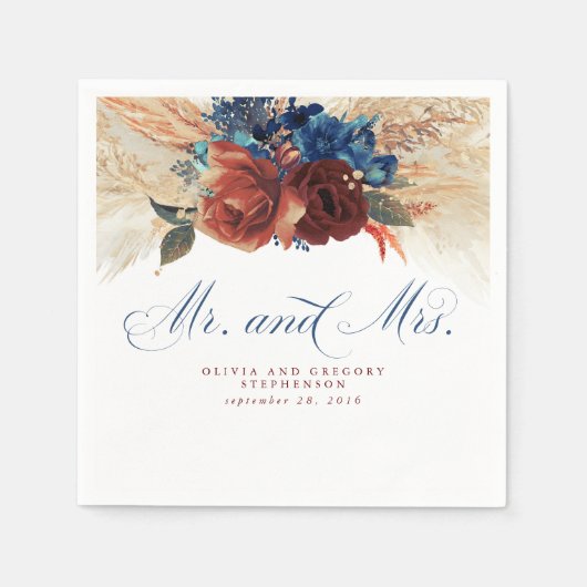 Navy Blue Terracotta Floral Pampas Grass Wedding Servet (Voorkant)